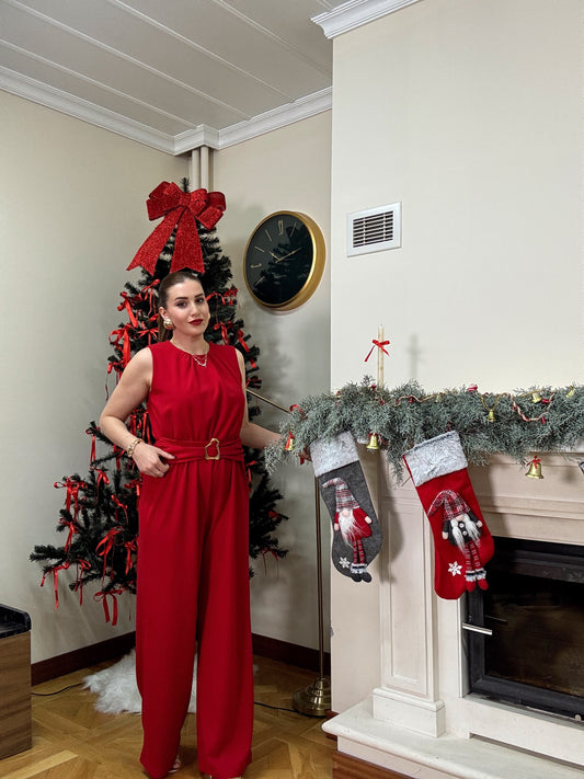 PARİS gold tokalı premium tulum-KIRMIZI