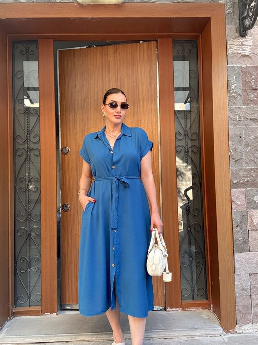 Polo yaka kemerli düğmeli viskon elbise MAVİ