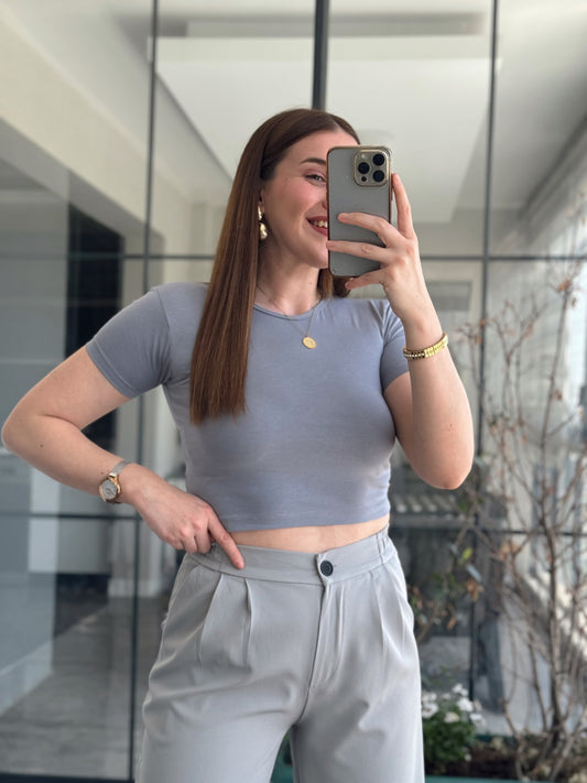 Pamuklu Crop Tişört - GRİ