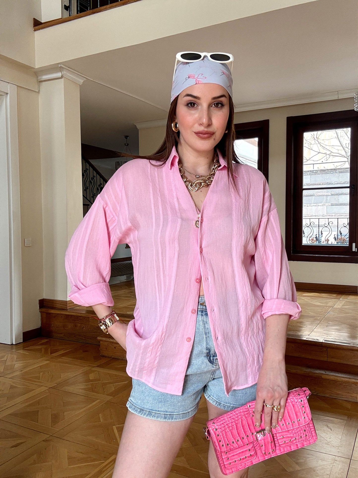 Kalın biye oversize gömlek Pembe