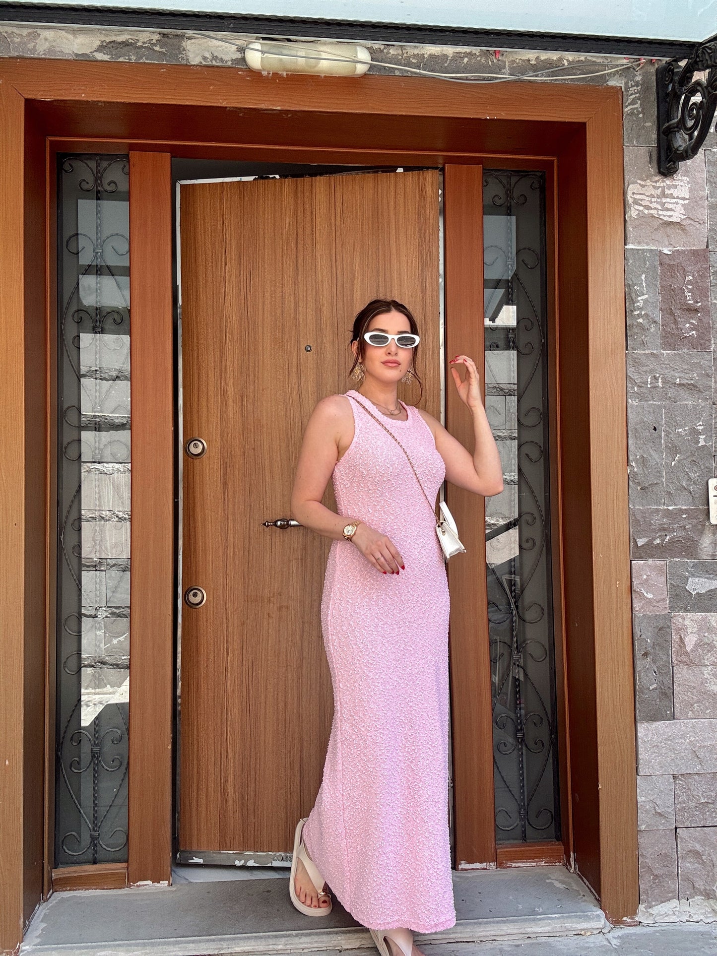 Kırçıllı bisiklet yaka elbise -PEMBE