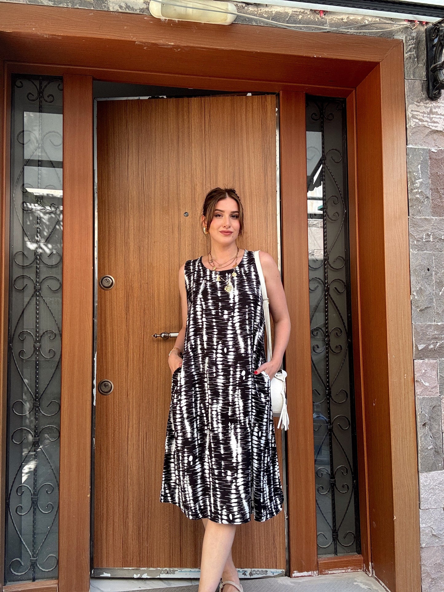 MORENA desenli cepli pamuklu elbise SİYAH