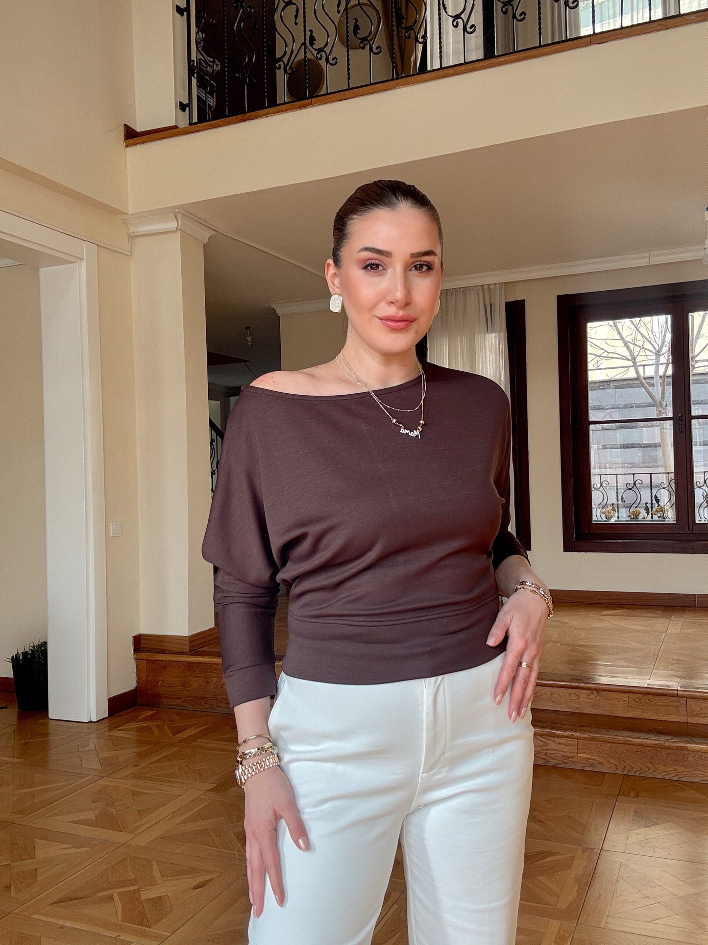 KAYIK YAKA BLUZ-KAHVERENGİ
