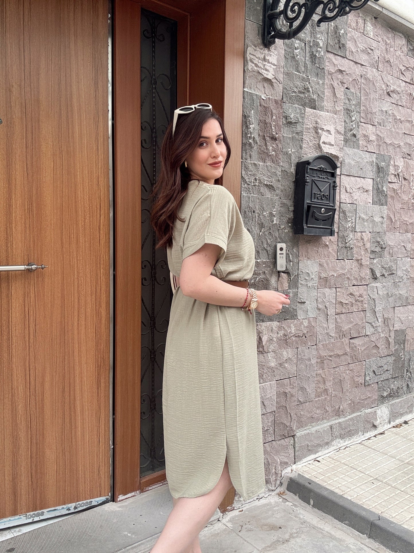 V yaka keten elbise YEŞİL