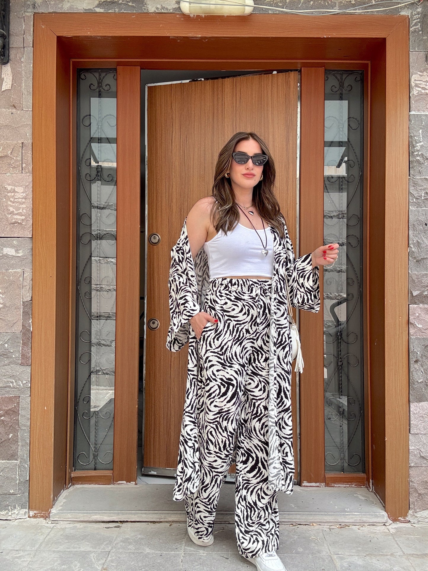 Desenli Kimono Takım Beyaz