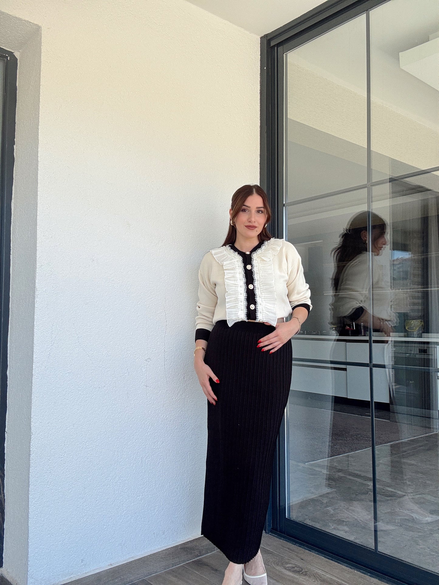 Manolya incili etekli ikili takım SİYAH