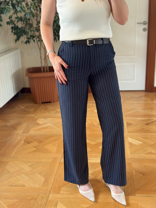Çizgili kemerli pantolon-LACİVERT