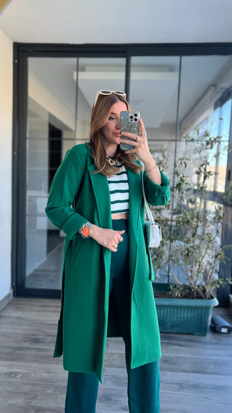 Beli kuşaklı kaşe kaban YEŞİL