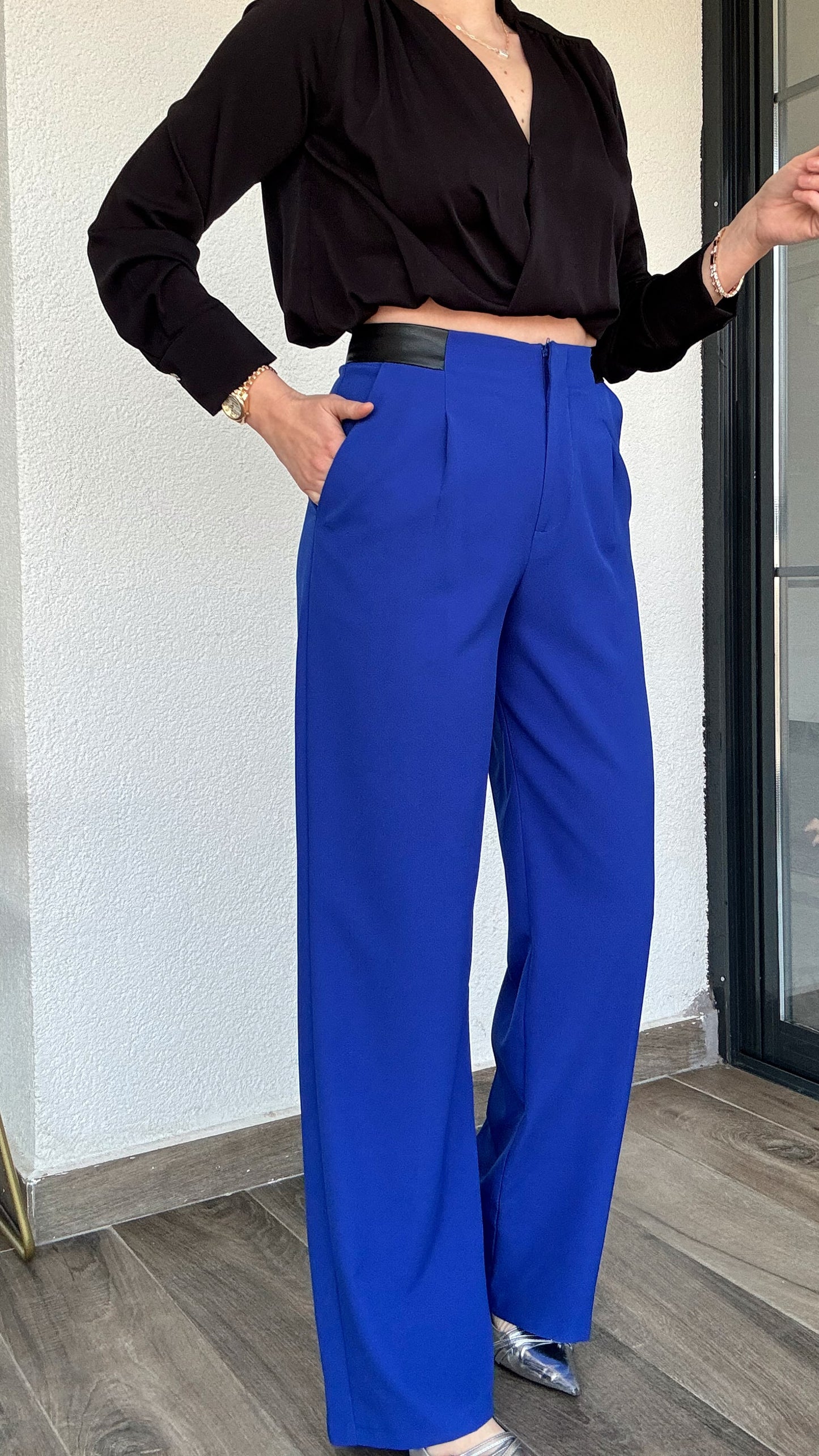 Deri Garnlili Milano Pantolon - SAKS MAVİ