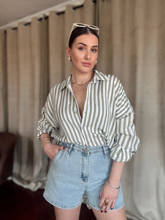 Çizgili Yarasa Kol Gömlek YEŞİL