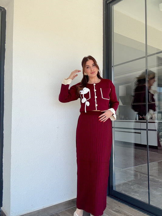 Florya etekli ikili triko takım bordo