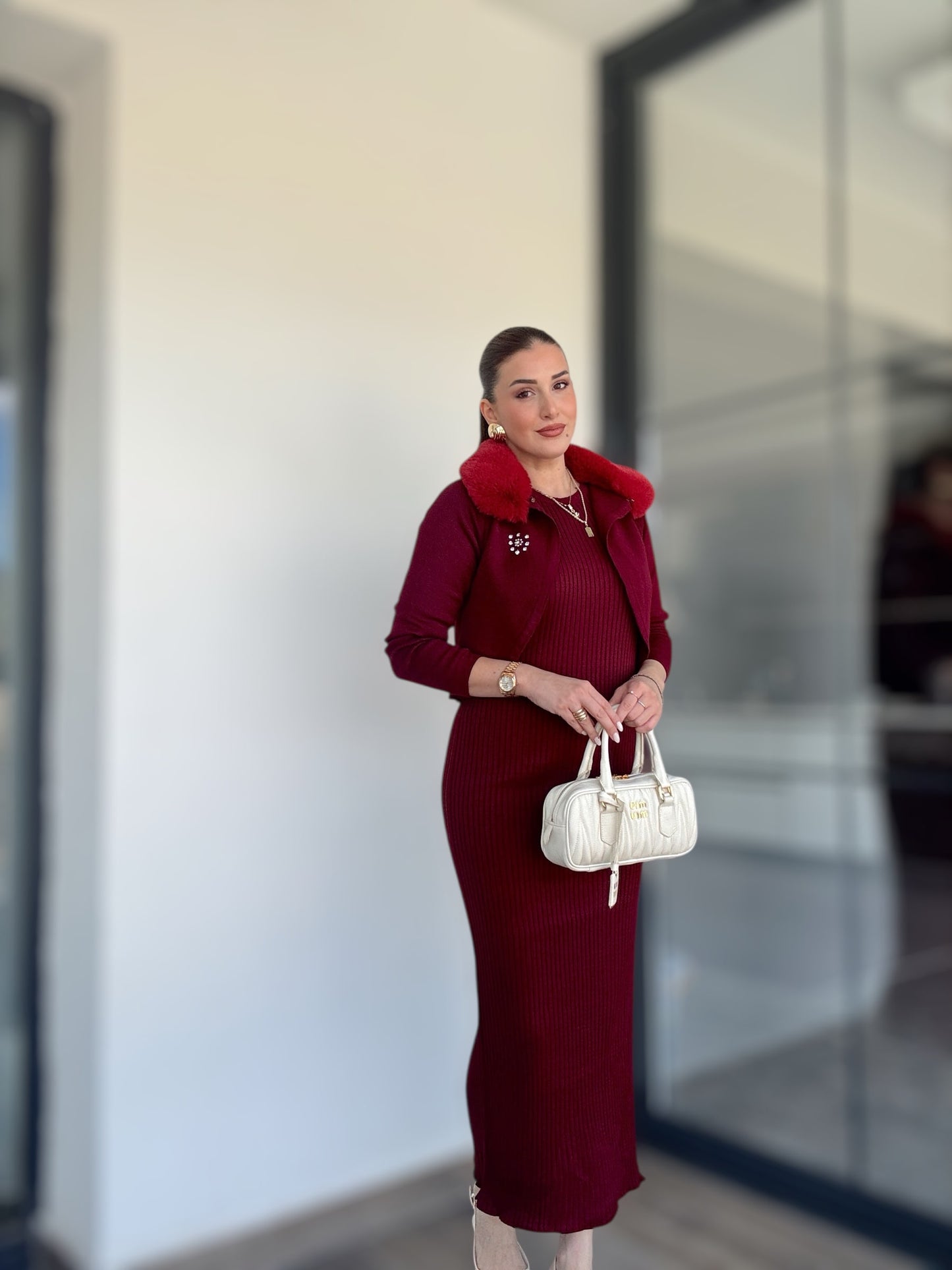 Yaka Peluş Taşlı Jile Takım Bordo
