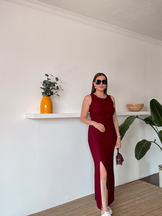 Nevürlü Yırtmaçlı Elbise Bordo