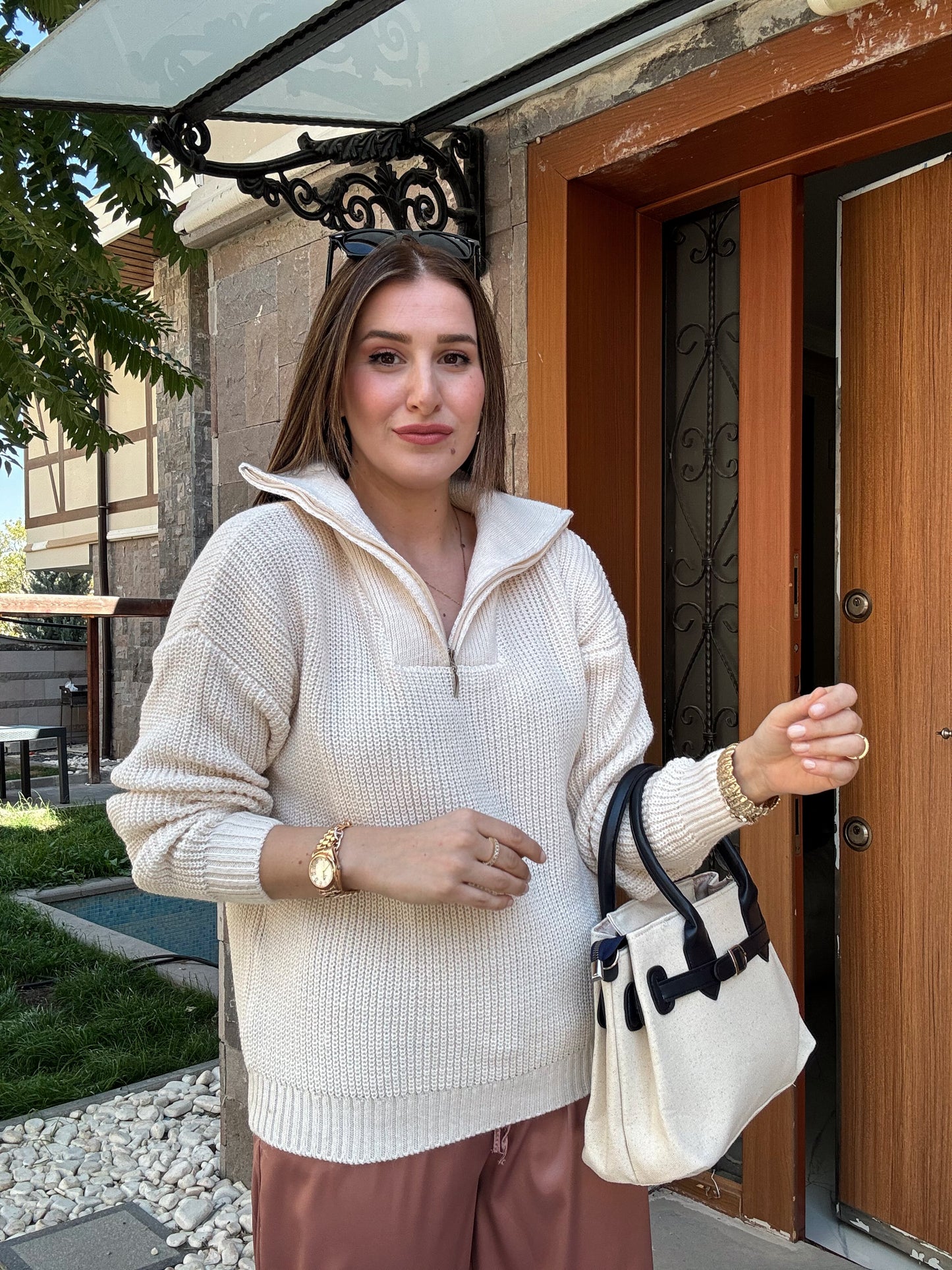 Geniş Fermuar Yaka Selanik Kazak LATTE