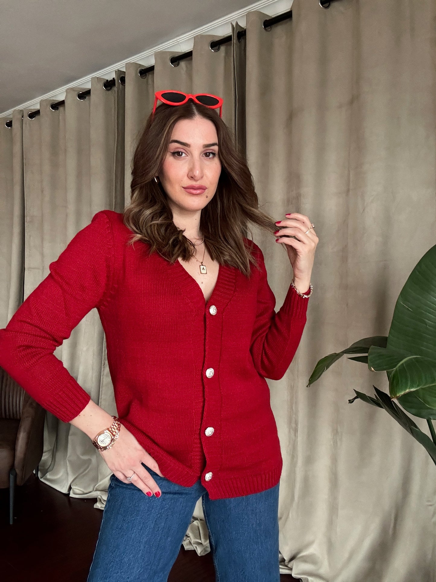 Gümüş Düğme Detaylı Triko Hırka-KIRMIZI