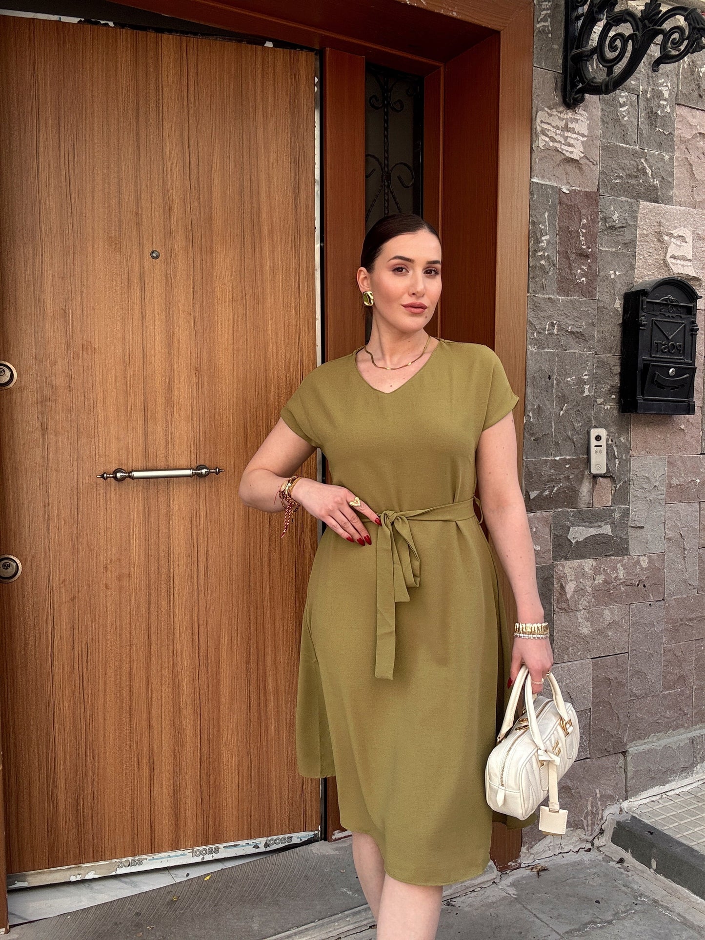 Beli kuşaklı tensel elbise YEŞİL