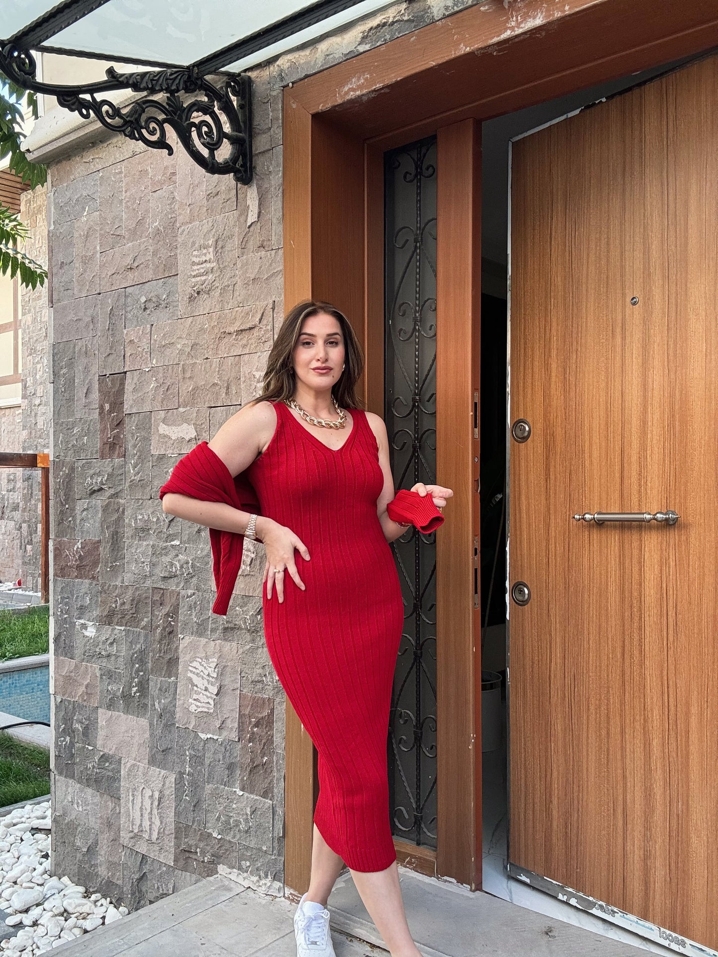 Fitilli Elbiseli Bluz Takım KIRMIZI