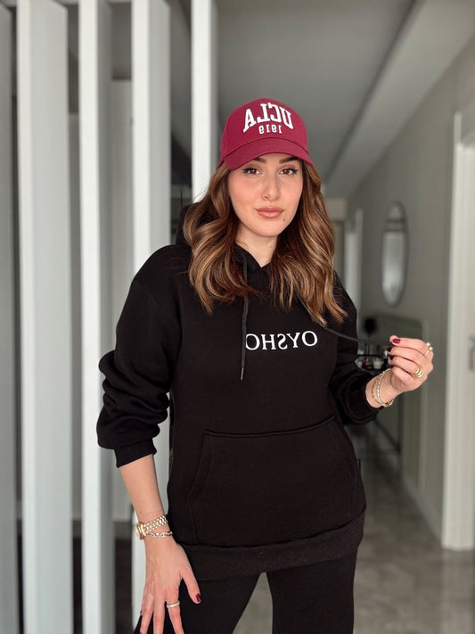 OYSH Baskı Kaguru Cep Kapüşonlu 3 İplik Sweatshirt - SİYAH