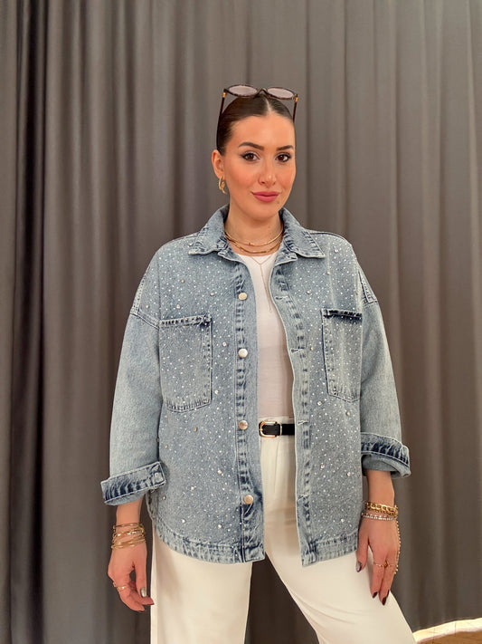 STAREX dağınık taş detaylı kot ceket BUZ MAVİ