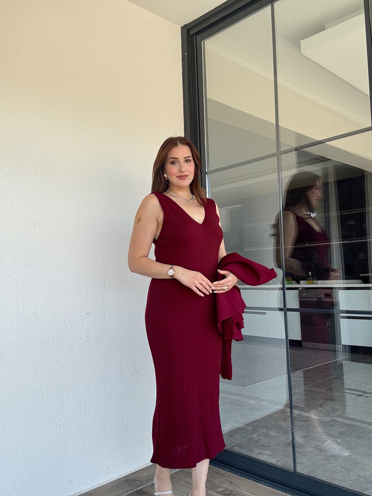 Önü Bağlama Jileli Triko Takım Bordo