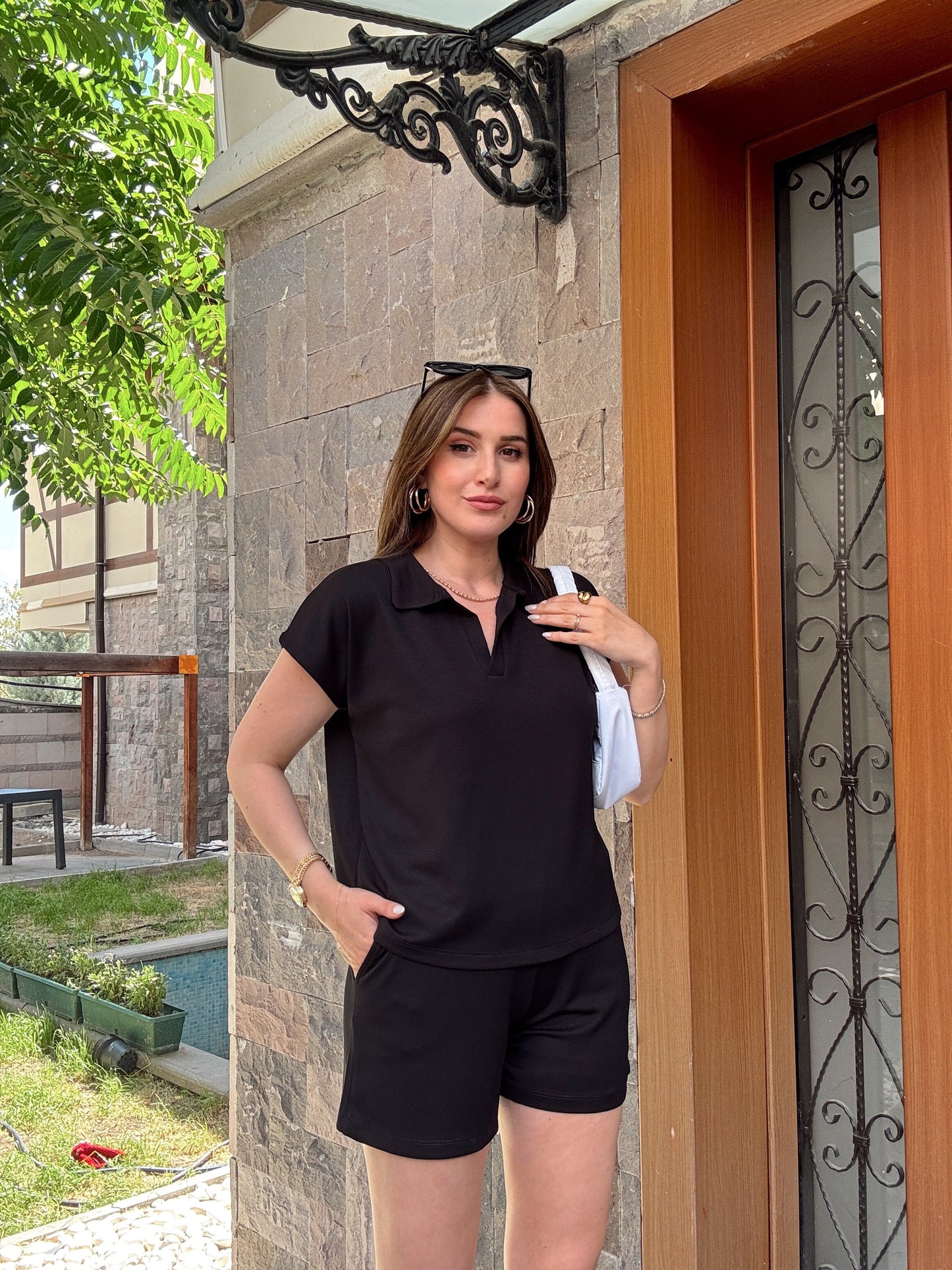 Polo yaka Modal Kumaş Şortlu Takım Siyah