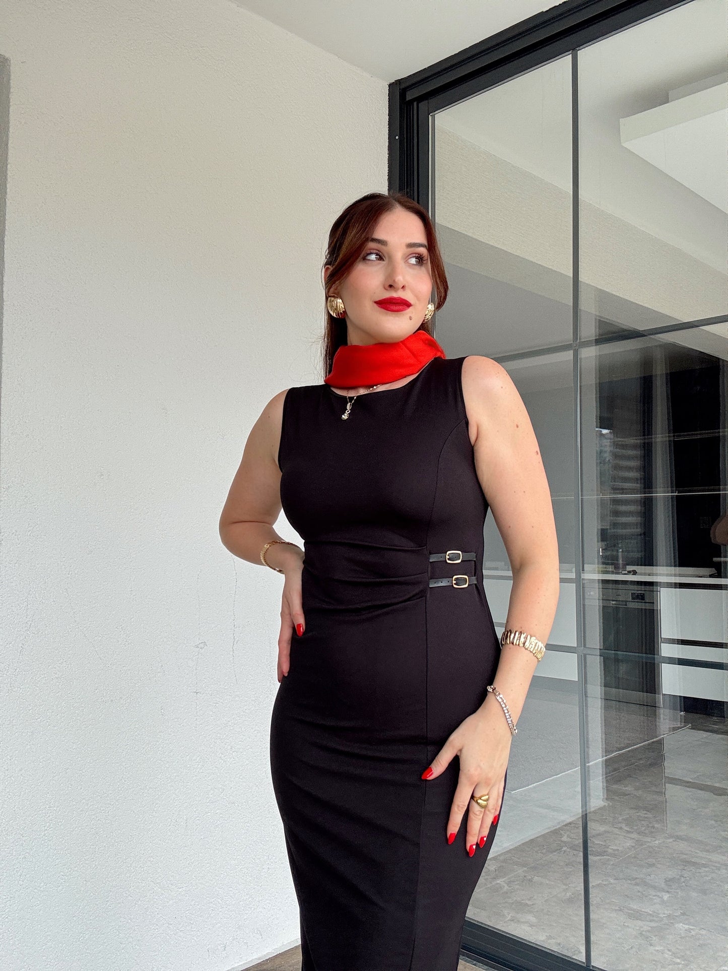 Drape detaylı midi elbise SİYAH