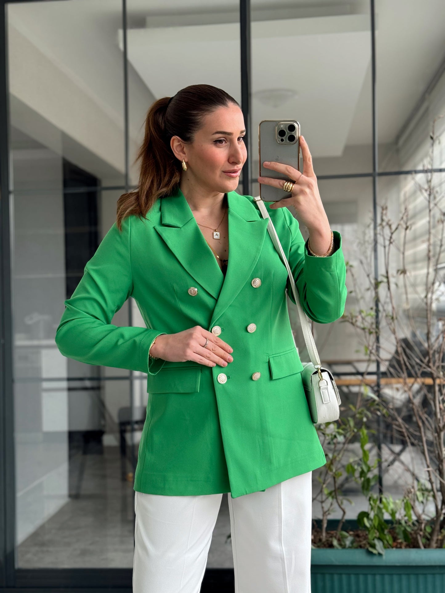 Gold Düğme Blazer Ceket - YEŞİL