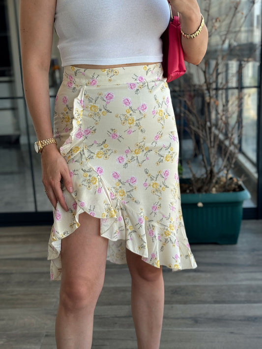 Çiçek Desen Fırfırlı Etek - SARI