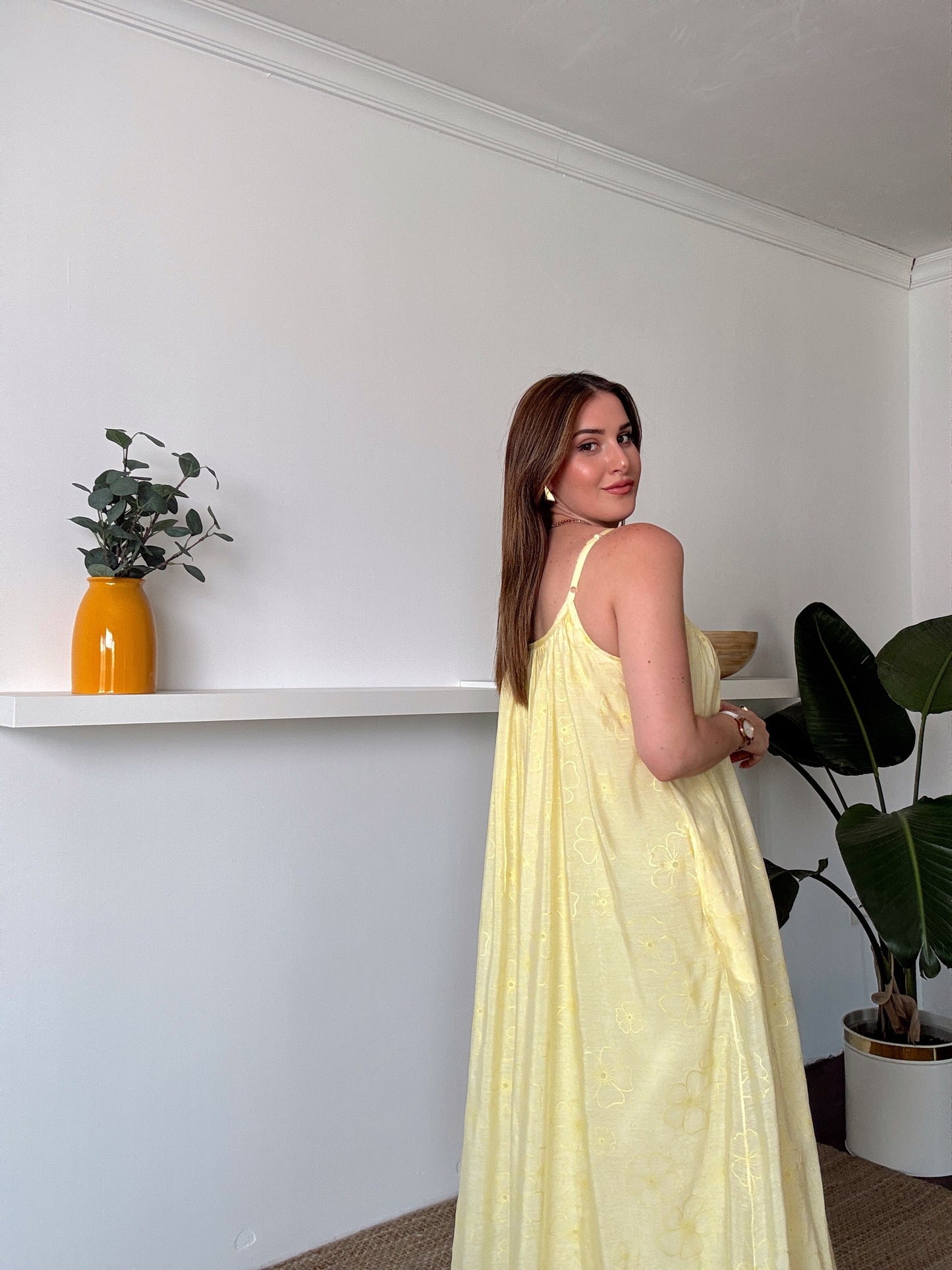 Askılı Astarlı Premium kumaş salaş elbise Sarı