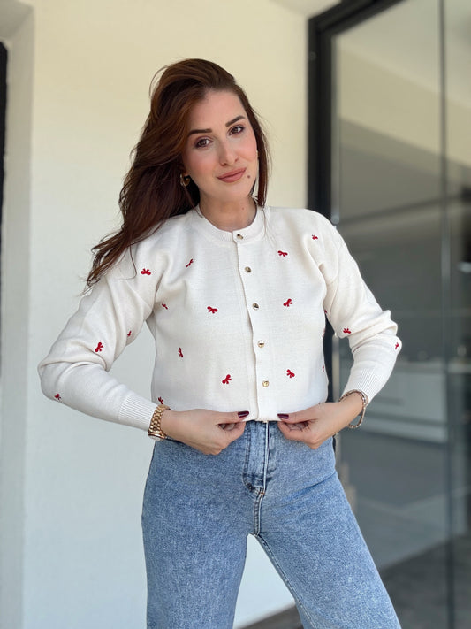 Kurdele nakış işlemeli hırka BEJ