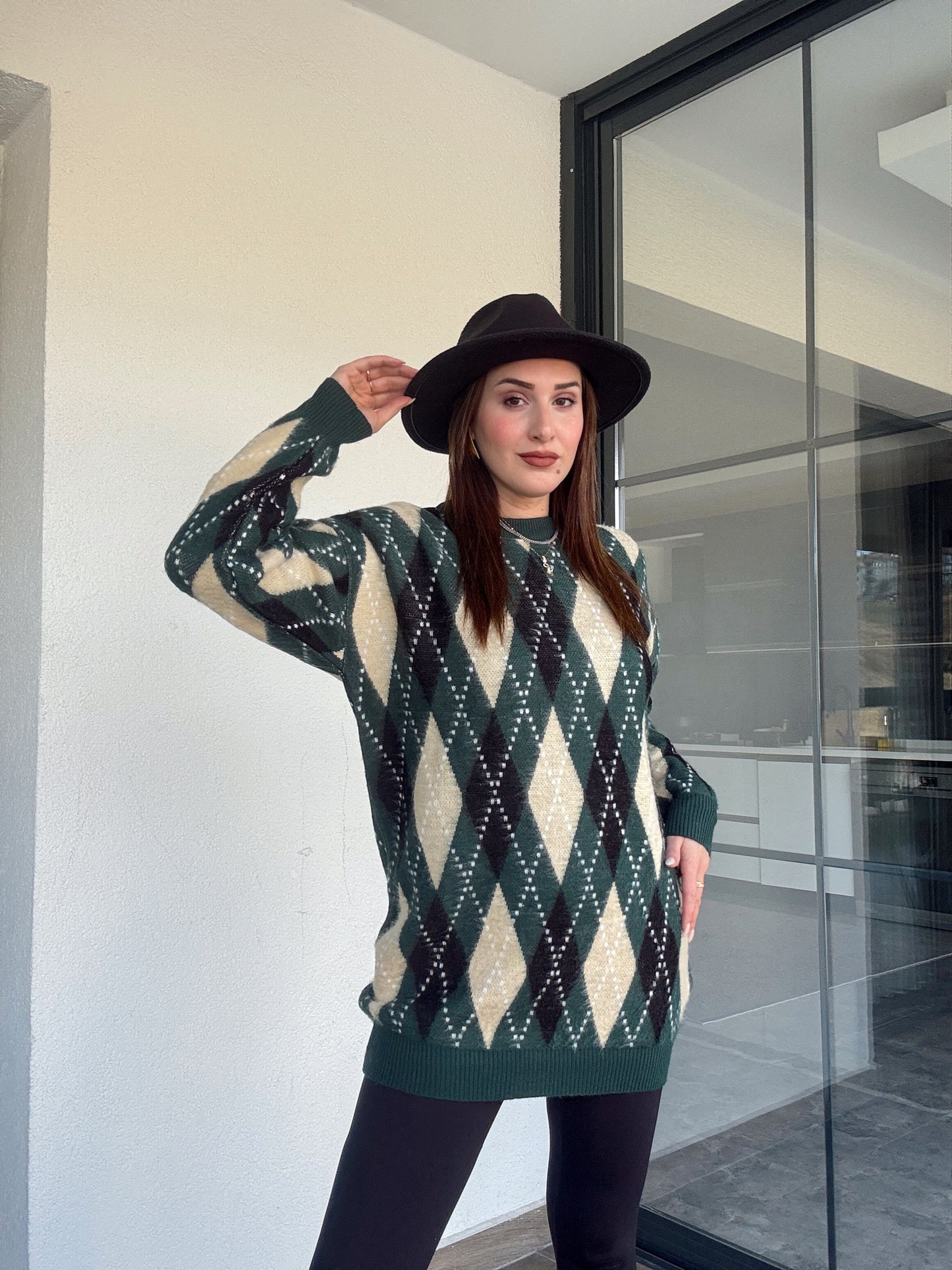 Tunik boy oversize baklava desenli kazak-YEŞİL