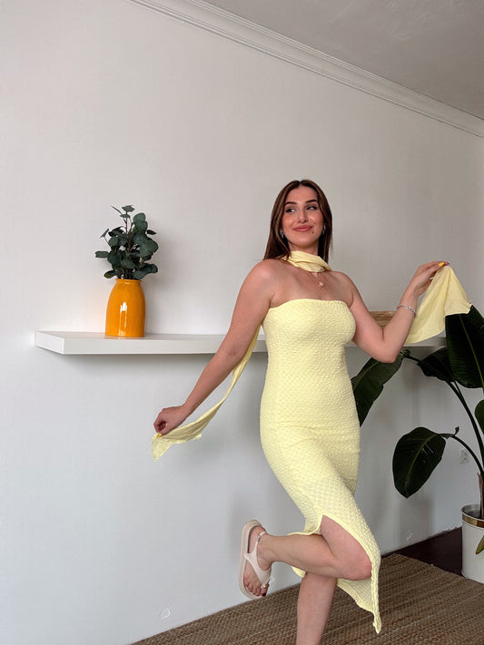BEYDA straplez yırtmaçlı astarlı elbise SARI