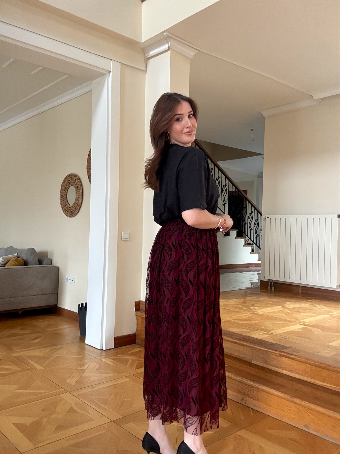 Kemerli Astarlı Şifon Etek Bordo