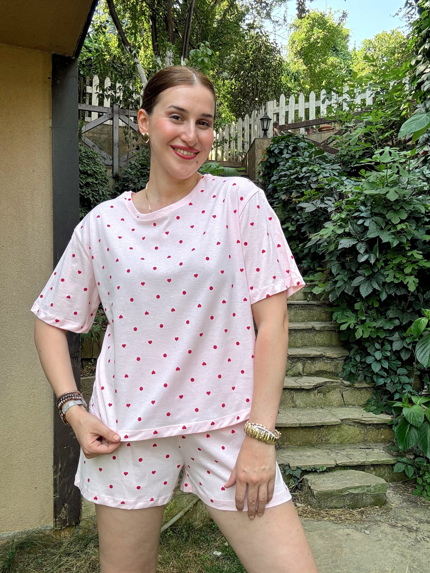 Desenli Şortlu Pijama Takımı PEMBE KIRMIZI