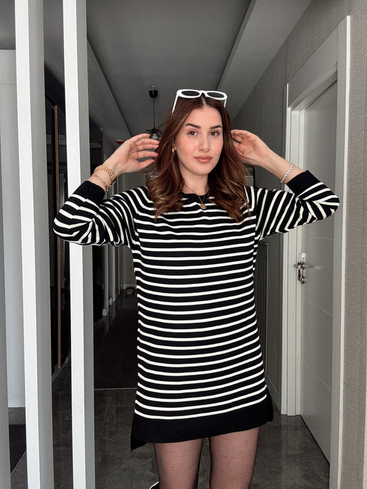 İTALYAN KOL ÇİZGİLİ POLİELİT KAZAK - SİYAH