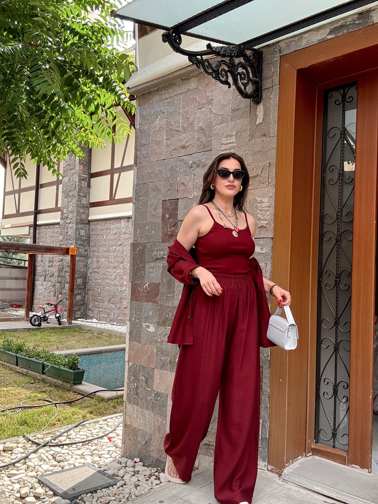 3 Parça Keten Takım Bordo