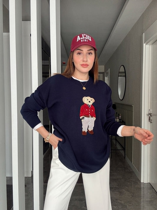 Oversize Ayıcık İşlemeli Kazak LACİVERT