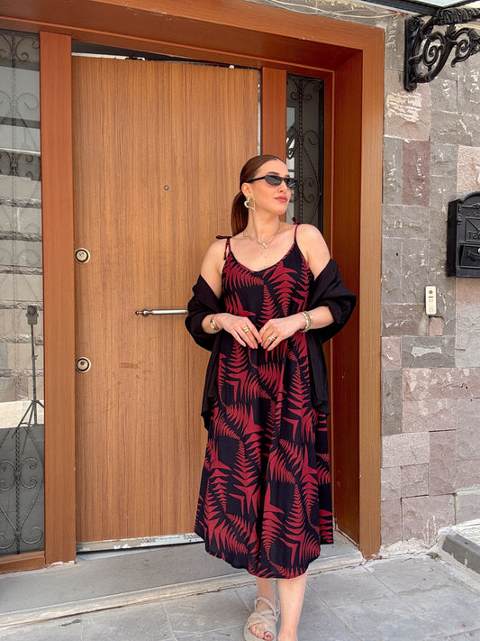 İnce ip askılı viskon kumaş elbise -BORDO SİYAH