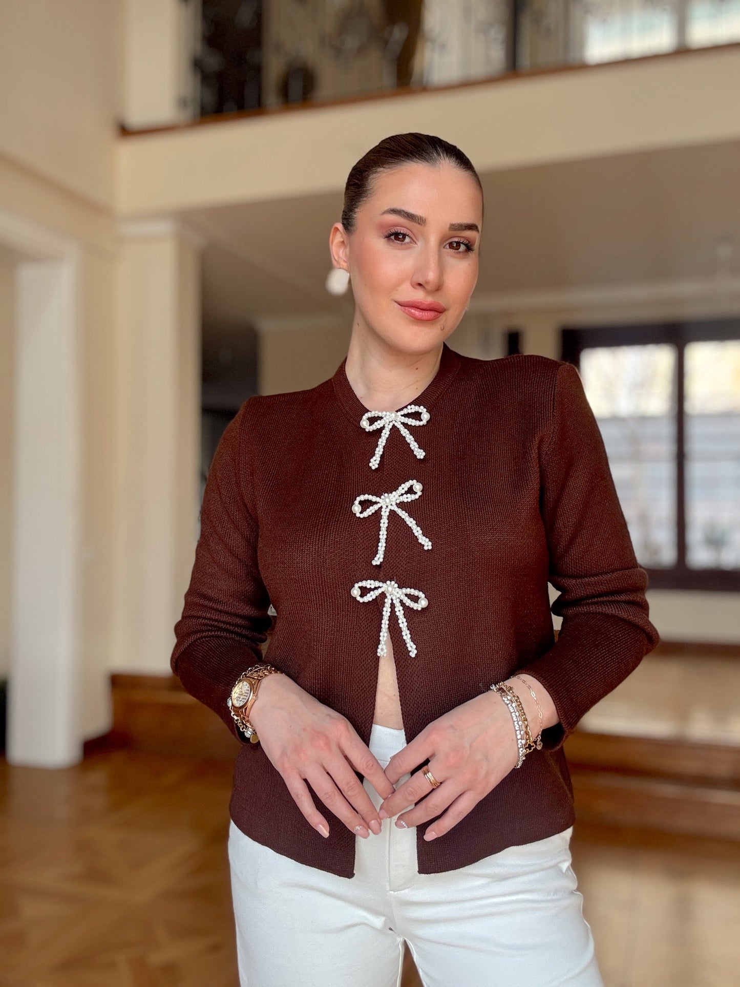 Fiyonk inci taşlı hırka-KAHVERENGİ