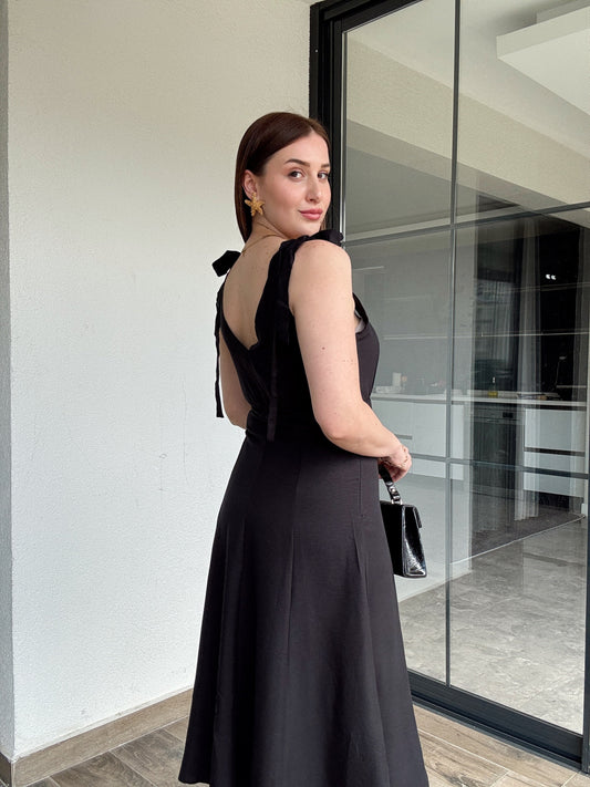 Omuz bağlama detay viskon elbise SİYAH