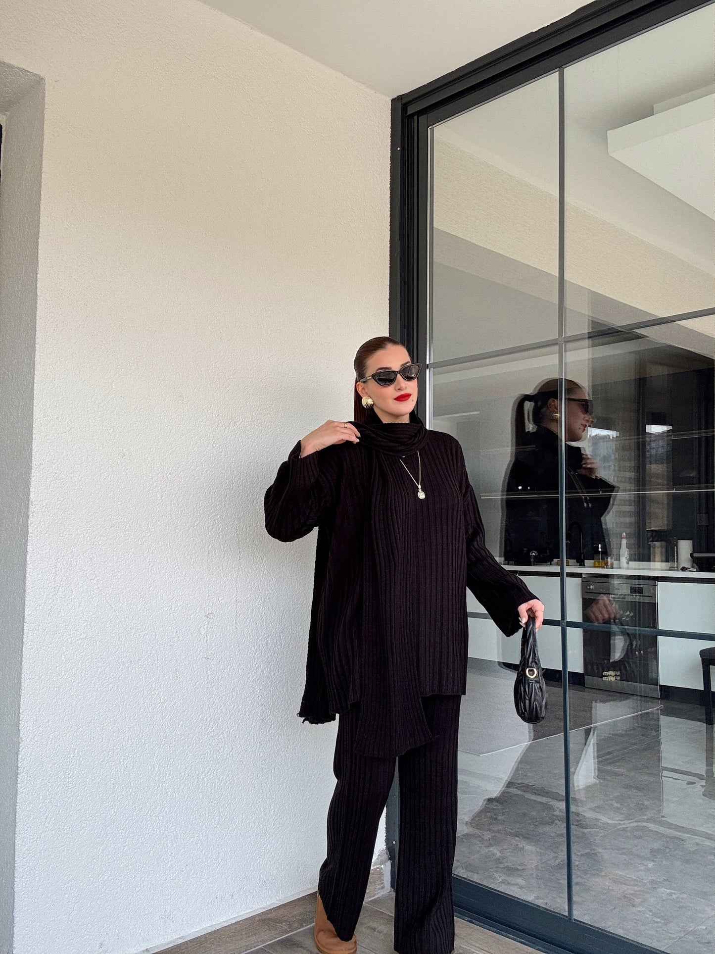 Şallı triko takım-SİYAH