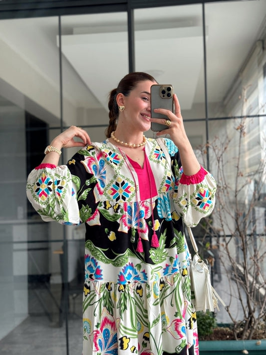 Püsküllü Viskon Elbise - SİYAH