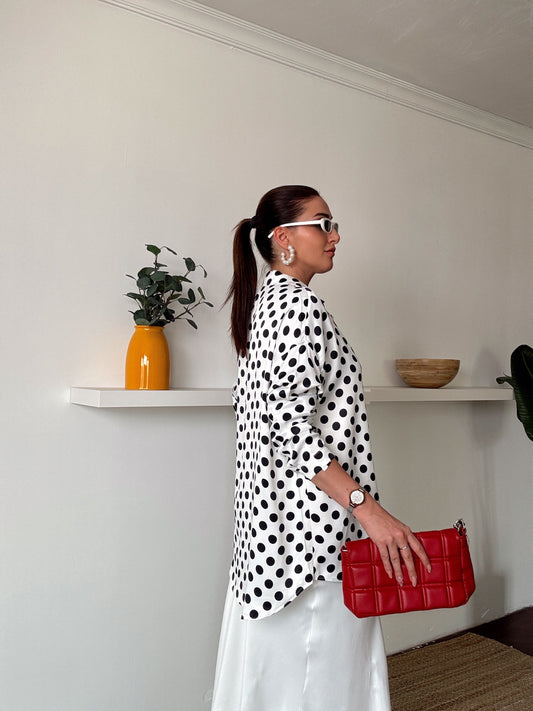 Puantiye Desenli Premium Saten Gömlek Beyaz