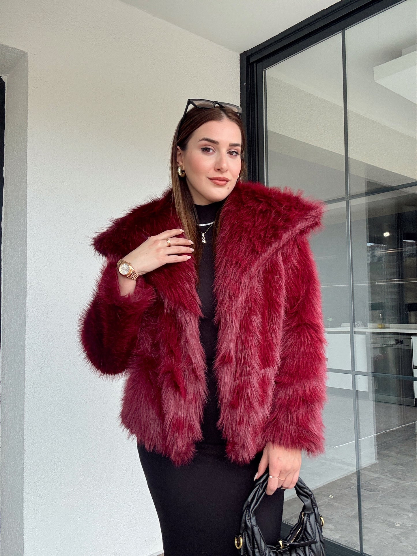 Geniş yaka astarlı kürklü mont-BORDO