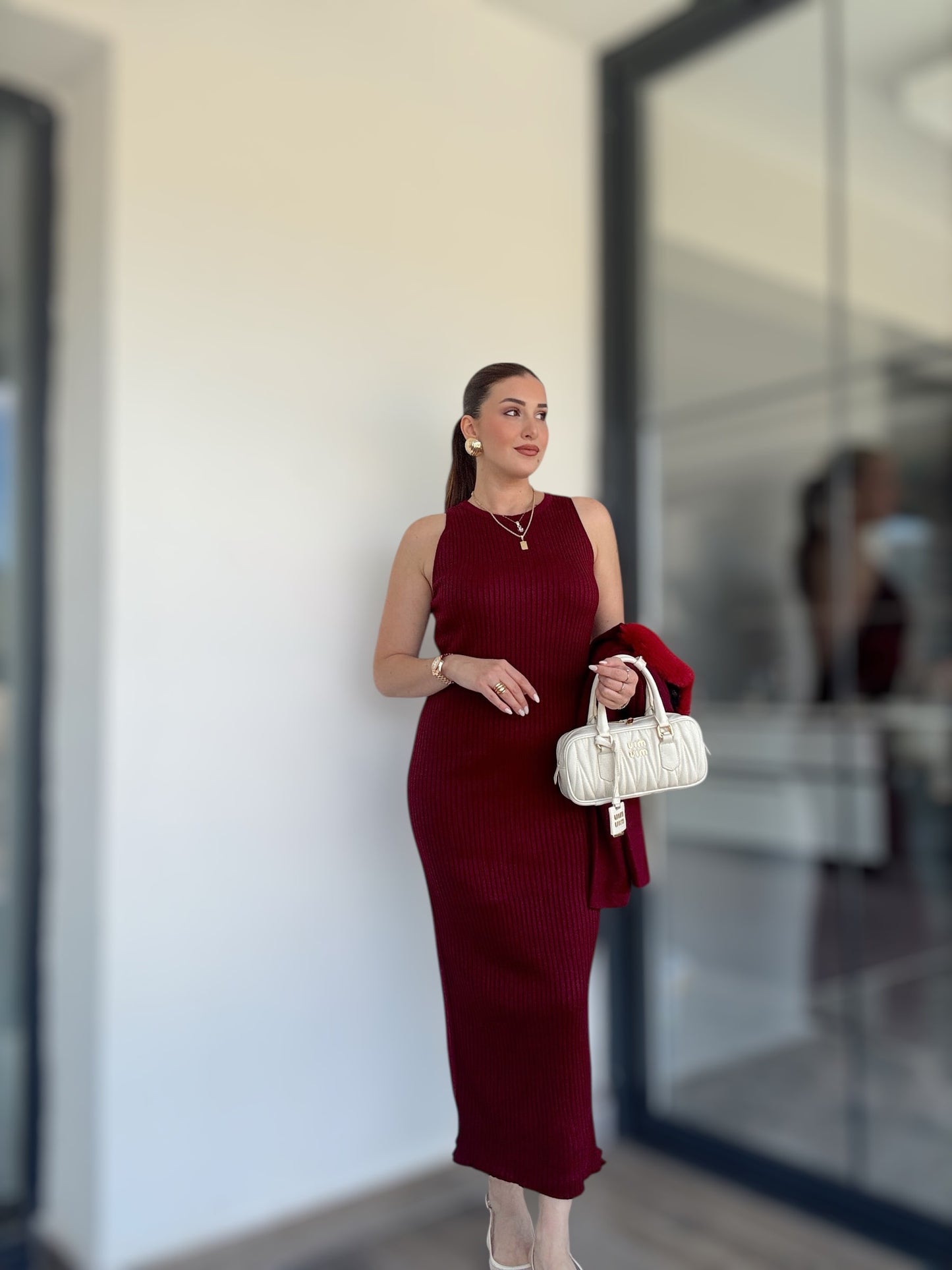 Yaka Peluş Taşlı Jile Takım Bordo