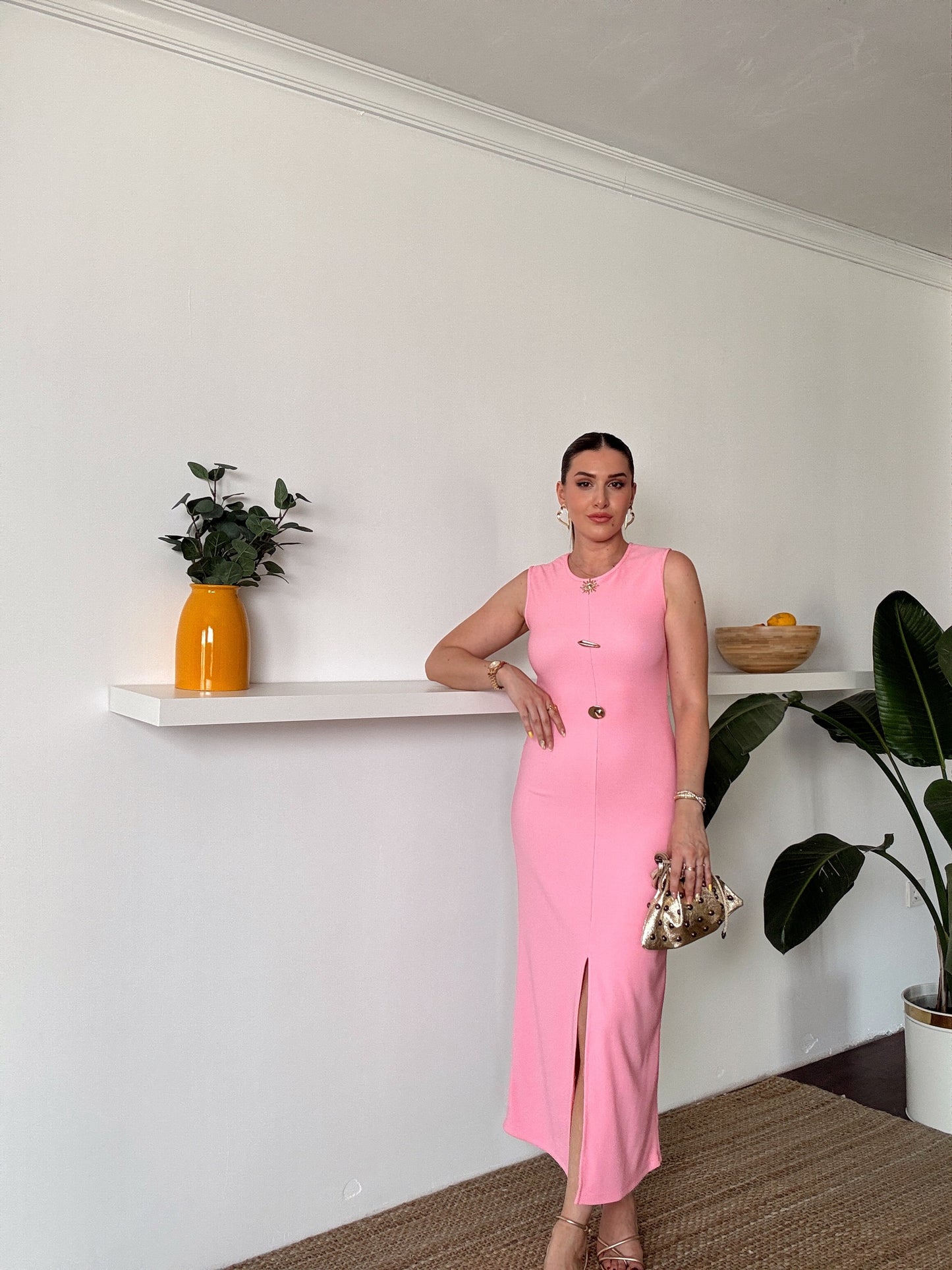Ottoman sıfır kol düğmeli elbise Pembe