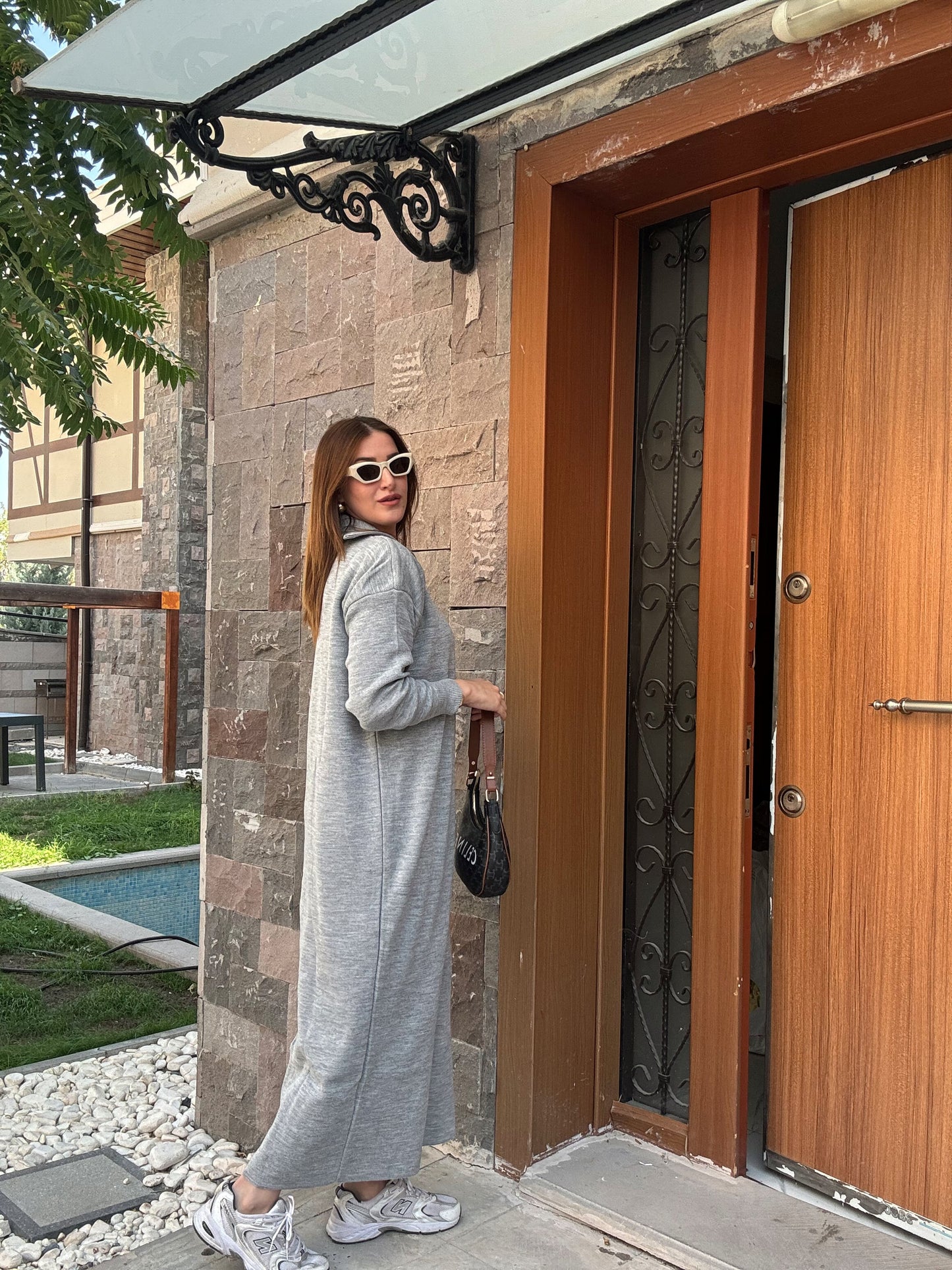 Fermuarlı Triko Elbise - GRİ