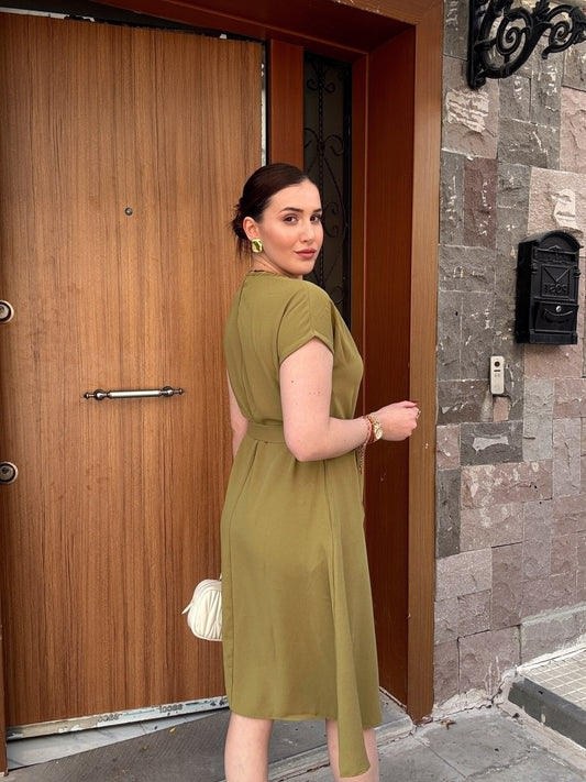 Beli kuşaklı tensel elbise YEŞİL