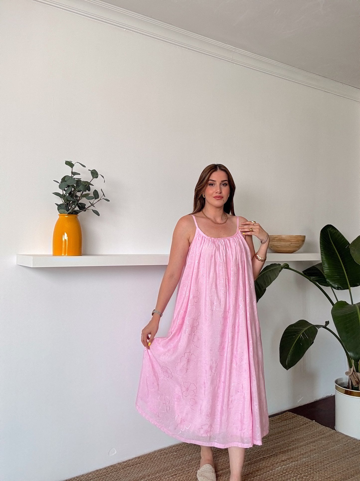 Askılı Astarlı Premium kumaş salaş elbise Pembe