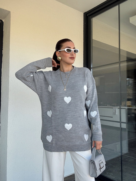 Kalp İşleme Triko Kazak - GRİ